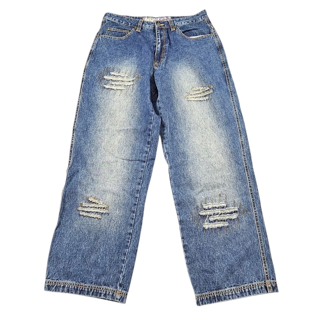Delf Mens Baggy Wide Leg Distressed Jeans Blue 100% Cotton W34 Made in Korea Y2K